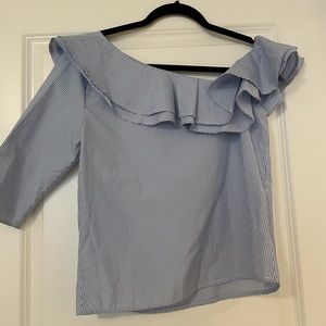 Blue and white ruffle top